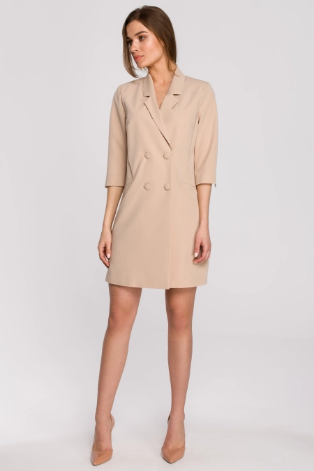 Elegancka sukienka marynarkowa z paskiem beżowa