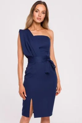 Sukienka koktajlowa na jedno ramię ołówkowa z rozcięciem granatowa