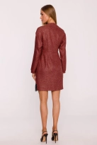 Elegancka sukienka tweedowa trapezowa kopertowa bordowa