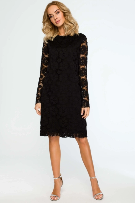 Sukienka wieczorowa koronkowa trapezowa midi czarna