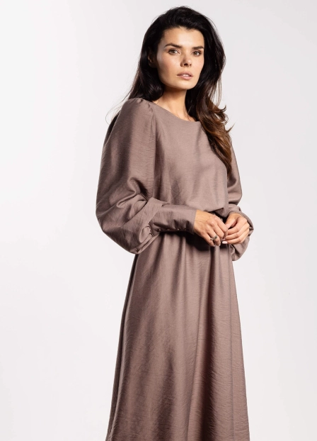 Elegancka sukienka rozkloszowana z długim rękawem taupe