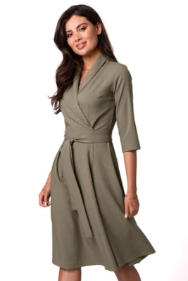 Rozkloszowana sukienka kopertowa z wiązaniem w pasie khaki