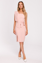 Sukienka koktajlowa na jedno ramię ołówkowa z rozcięciem różowa