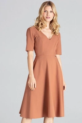 Rozkloszowana sukienka midi z dekoltem V brązowa