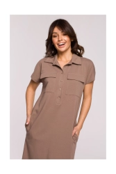 Sukienka koszulowa szmizjerka z kołnierzykiem bawełna brąz