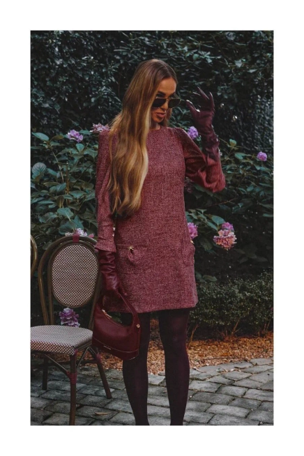 Elegancka sukienka tweedowa trapezowa mini bordowa