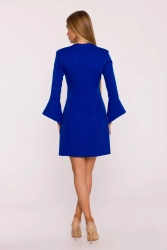 Elegancka sukienka z szerokimi mankietami dekolt V chabrowa