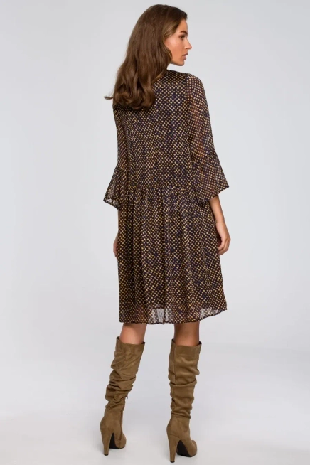 Sukienka rozkloszowana szyfonowa z dekoltem V granatowa w groszki