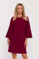 Elegancka sukienka trapezowa z bufiastymi rękawami bordowa