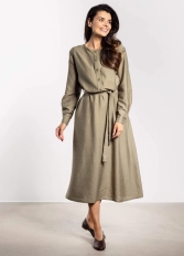 Sukienka rozkloszowana z długim rękawem i paskiem zielona