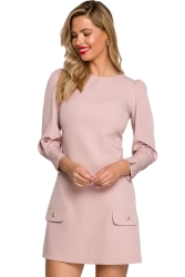 Krótka sukienka trapezowa z bufiastymi rękawami pudrowy róż