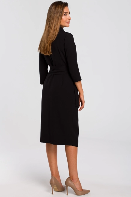 Elegancka sukienka biznesowa kopertowa midi z paskiem w talii czarna