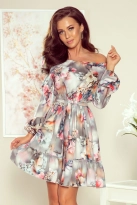 Sukienka z odkrytymi ramionami i wiązaniem szara hiszpanka w kwiaty