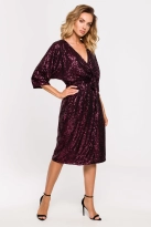 Sukienka cekinowa midi z wiązaniem kopertowy dekolt bordowa