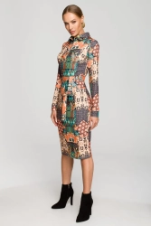 Ołówkowa sukienka z odważnym nadrukiem koszulowa góra