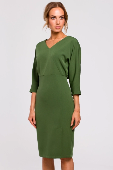 Sukienka ołówkowa zbluzowana góra i dekolt V zielona