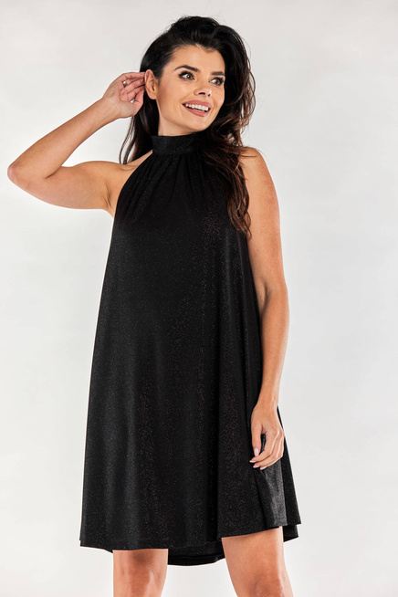 Sukienka błyszcząca brokatowa rozkloszowana z dekoltem halter czarna