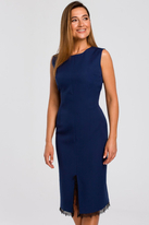 Elegancka sukienka ołówkowa midi rozcięcie na dole i koronka granatowa