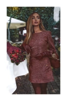 Elegancka sukienka tweedowa trapezowa mini bordowa