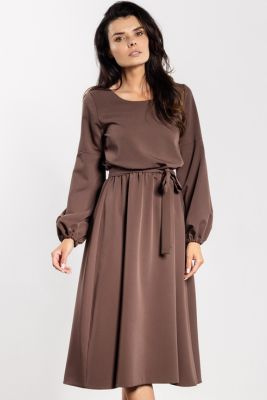 Elegancka sukienka rozkloszowana z długim rękawem brązowa