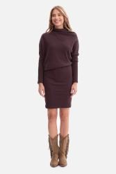 Bawełniana ołówkowa sukienka z dzianiny zbluzowana c.brąz