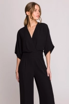 Elegancki kombinezon damski z kopertowym dekoltem czarny