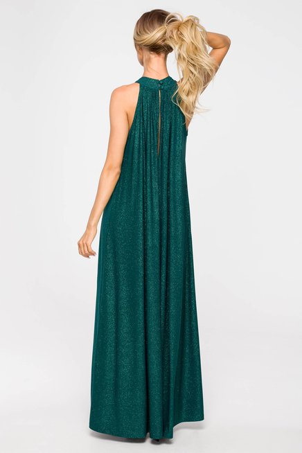 Długa suknia wieczorowa błyszcząca z dekoltem halter butelkowa zieleń