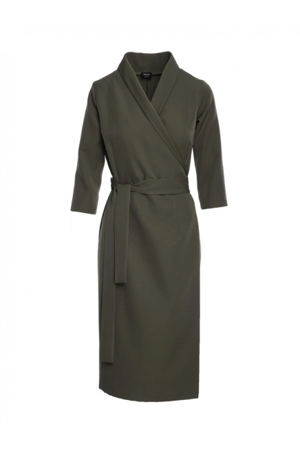 Elegancka sukienka biznesowa kopertowa z paskiem zielona
