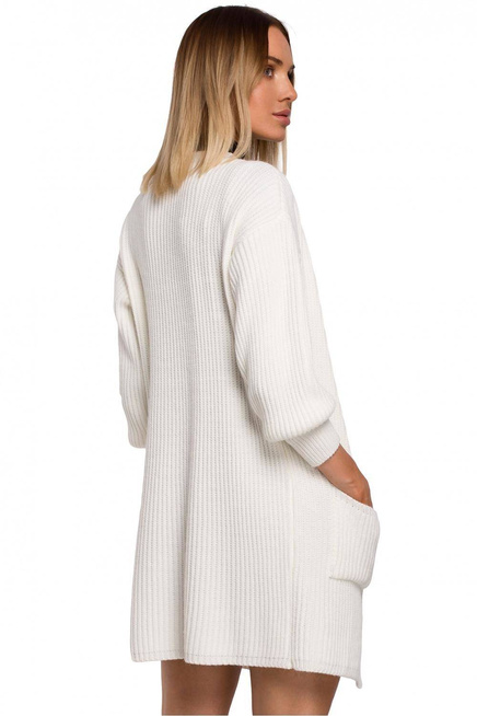 Długi kardigan sweter z kieszeniami i bufiastymi rękawami ecru