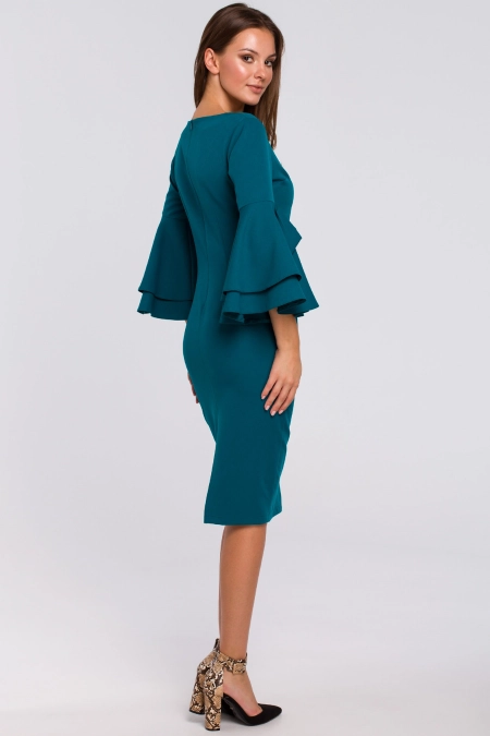 Sukienka na wesele elegancka z bufiastymi rękawami morski
