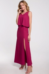 Długa zmysłowa sukienka z falbaną i rozcięciem burgundowa