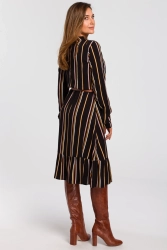 Sukienka boho w paski z falbaną i paskiem brązowa wiskoza