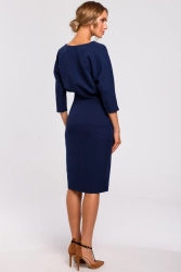 Sukienka ołówkowa zbluzowana góra i dekolt V granatowa