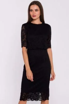 Elegancka ołówkowa dwuczęściowa sukienka koronkowa czarna