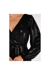 Sukienka kopertowa z bufiastymi rękawami błyszcząca czarna