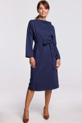 Bawełniana ciepła sukienka dzianinowa z paskiem niebieska