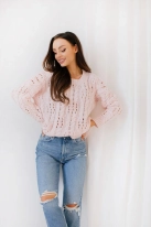 Sweter damski z wełną okrągłym dekoltem i pięknym splotem różowy