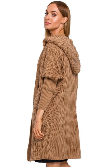 Długi sweter damski kardigan oversize z kapturem beżowy