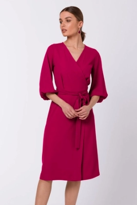 Sukienka elegancka kopertowa z bufiastymi rękawami śliwka