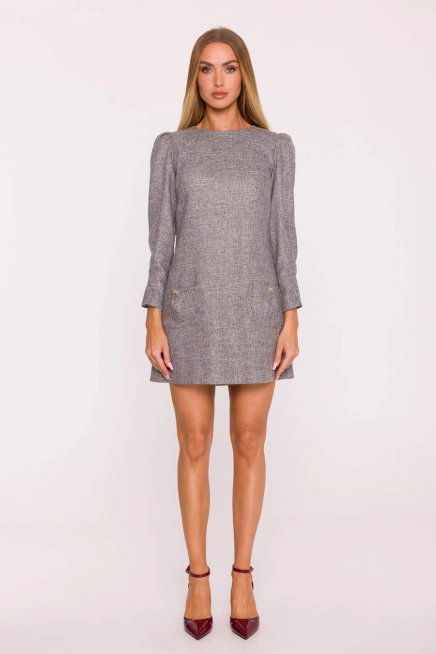 Elegancka sukienka tweedowa trapezowa mini szara