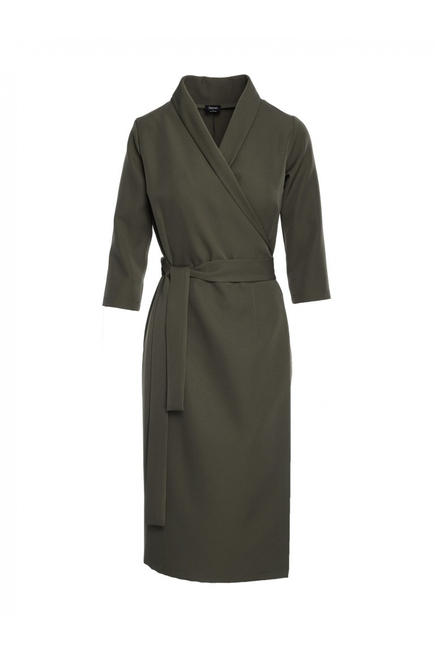Elegancka sukienka biznesowa kopertowa midi z paskiem w talii zielona