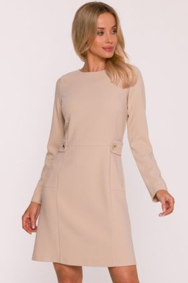 Elegancka sukienka trapezowa z patkami w talii beżowa