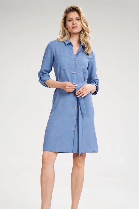 Koszulowa sukienka szmizjerka z rękawem 3/4 niebieska