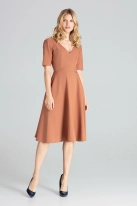 Rozkloszowana sukienka midi z dekoltem V brązowa