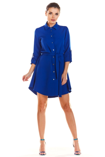 Sukienka koszulowa szmizjerka z paskiem i kołnierzykiem niebieska