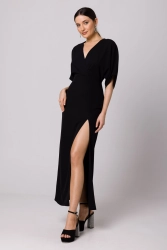 Długa sukienka z dekoltem V i rozcięciem kimonowa czarna