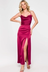 Długa sukienka wieczorowa satynowa na ramiączkach bordowa