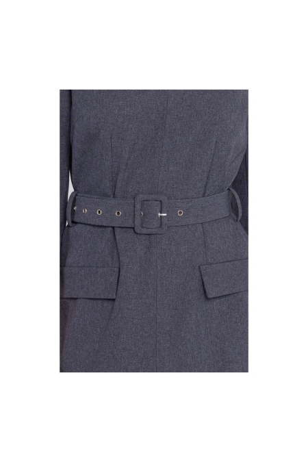 Elegancka sukienka mini z dekoltem V i paskiem szara