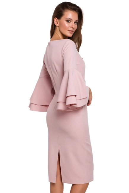 Sukienka na wesele elegancka midi z bufiastymi rękawami pudrowy róż