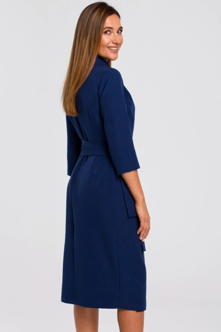 Elegancka sukienka biznesowa kopertowa midi z paskiem granat